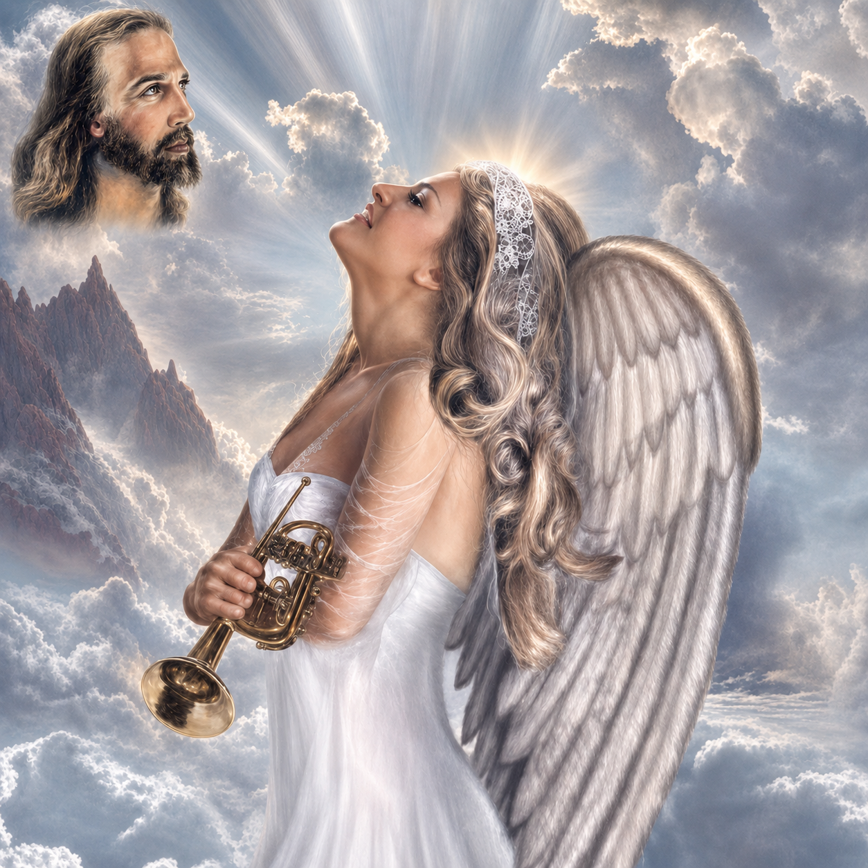 Angel holding a golden trumpet beneath a heavenly image of Jesus